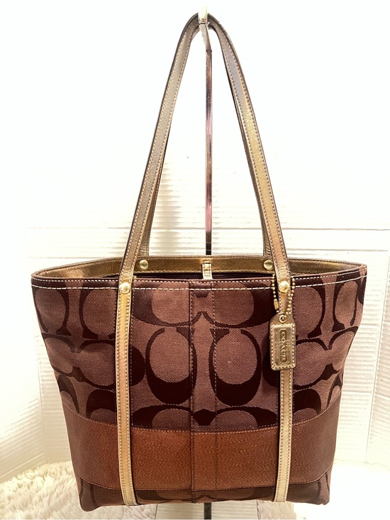 Coach Handbags - Coach Vintage y2k Brown and Gold Signature Stripe Metallic Copper Tote